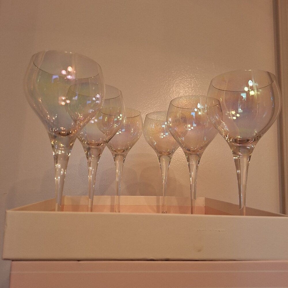 Six Vintage Crystal Iridescent Romani Tuscany Stemware Wine Glasses